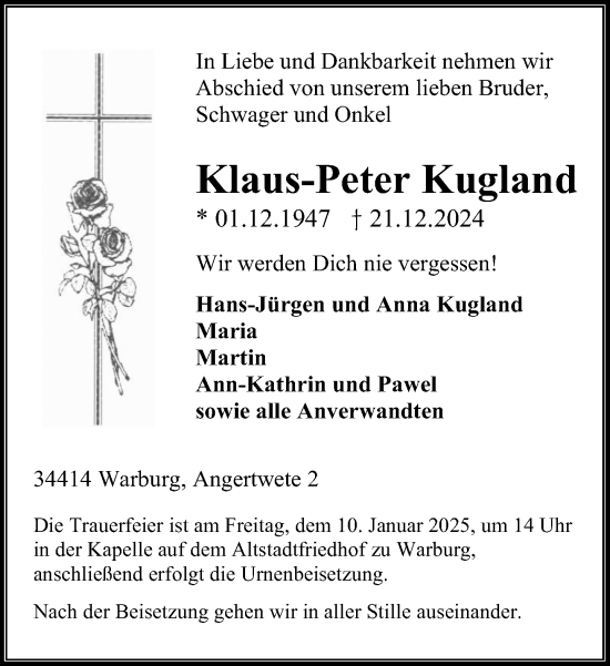 Traueranzeige von Klaus-Peter Kugland von Neue Westfälische