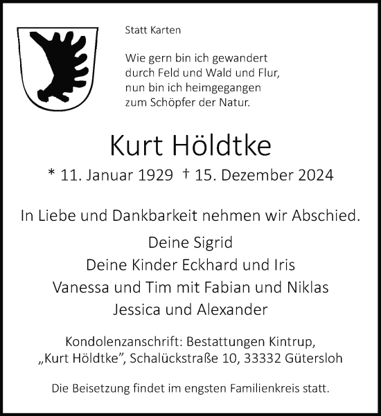 Traueranzeige von Kurt Höldtke von Neue Westfälische