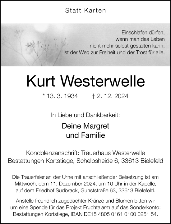 Traueranzeige von Kurt Westerwelle von Neue Westfälische