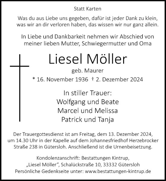 Traueranzeige von Liesel Möller von Neue Westfälische