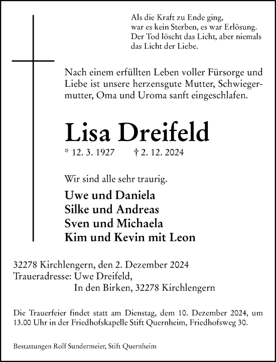 Traueranzeige von Lisa Dreifeld von Neue Westfälische