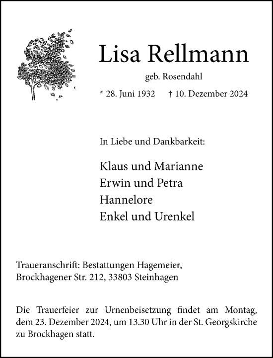 Traueranzeige von Lisa Rellmann von Neue Westfälische