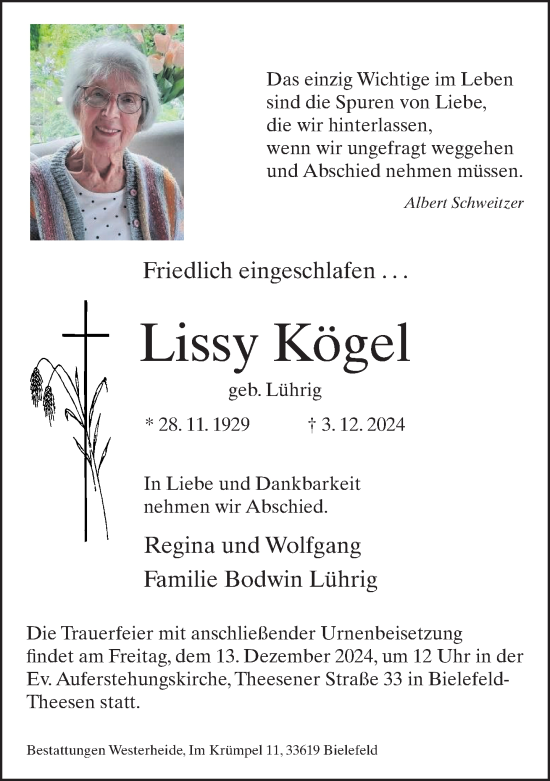 Traueranzeige von Lissy Kögel von Neue Westfälische