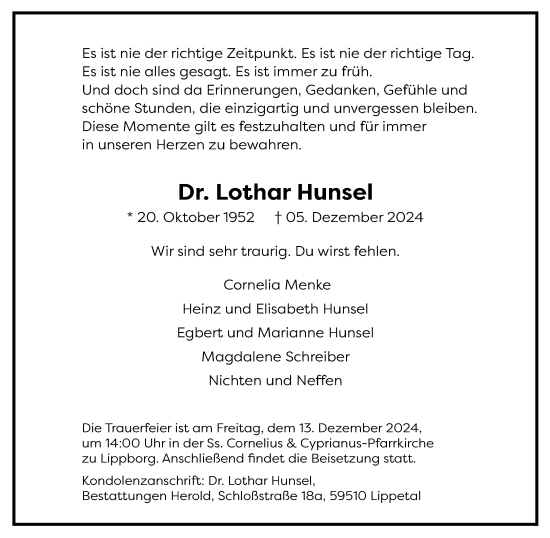 Traueranzeige von Lothar Hunsel von Neue Westfälische