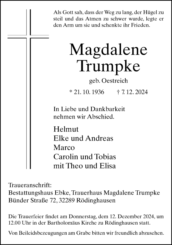 Traueranzeige von Magdalene Trumpke von Neue Westfälische