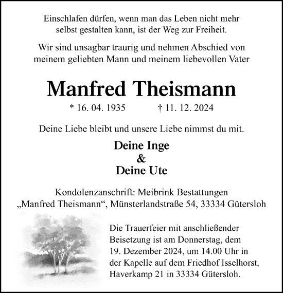 Traueranzeige von Manfred Theismann von Neue Westfälische