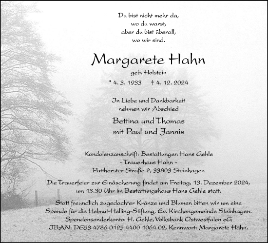 Traueranzeige von Margarete Hahn von Neue Westfälische