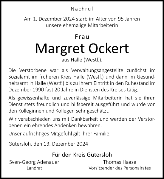 Traueranzeige von Margret Ockert von Neue Westfälische