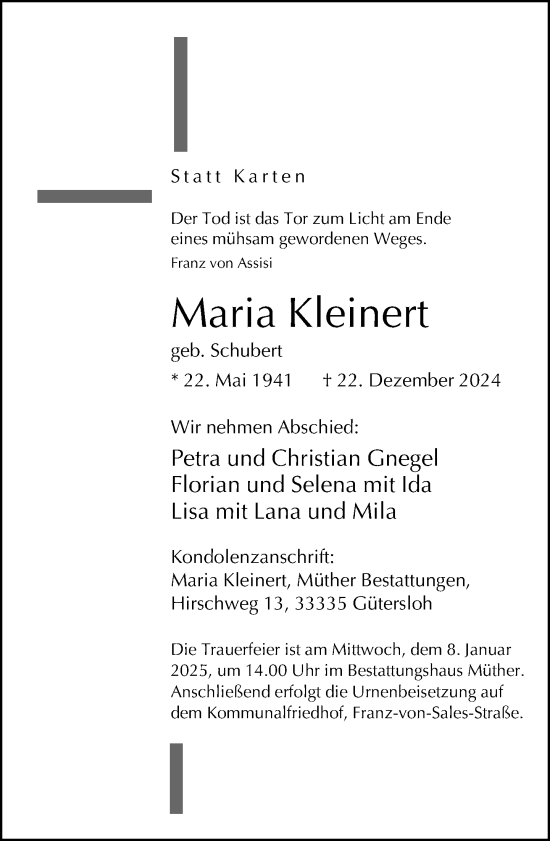 Traueranzeige von Maria Kleinert von Neue Westfälische