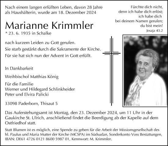 Traueranzeige von Marianne Krimmler von Neue Westfälische