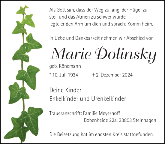 Traueranzeige von Marie Dolinsky von Neue Westfälische