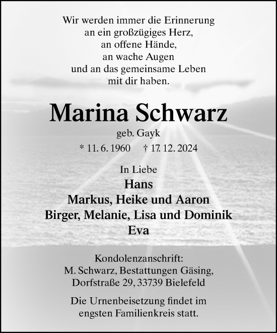 Traueranzeige von Marina Schwarz von Neue Westfälische
