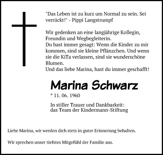 Traueranzeige von Marina Schwarz von Neue Westfälische