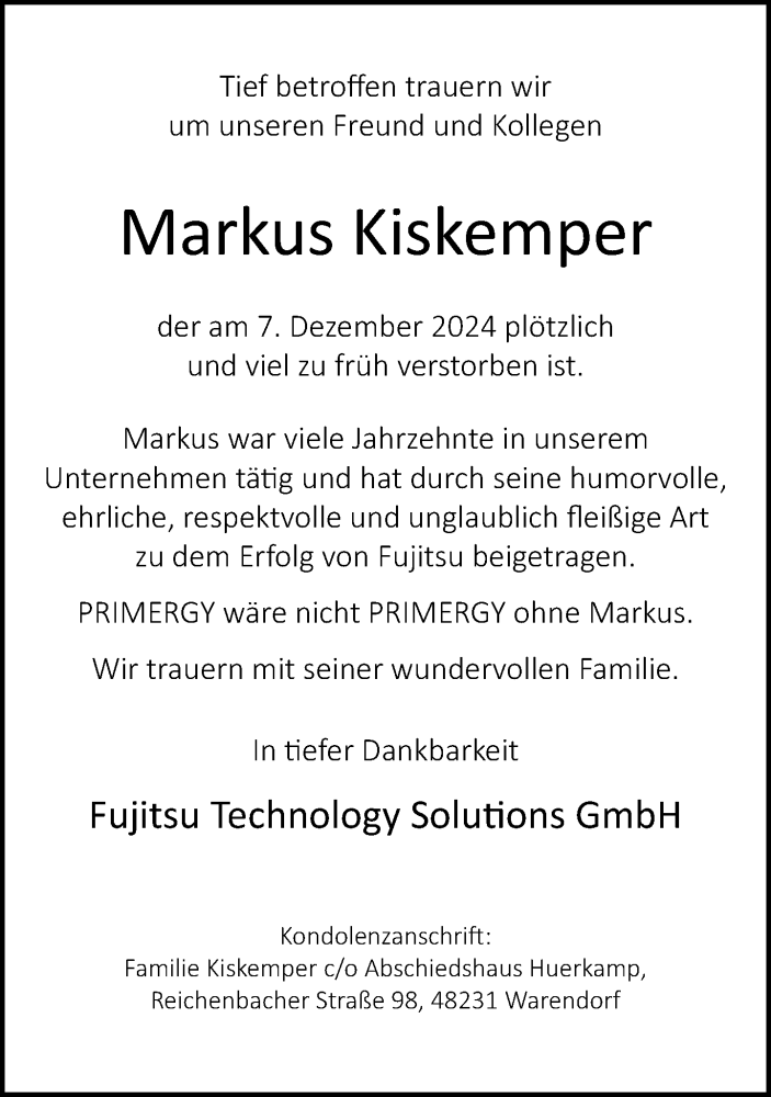  Traueranzeige für Markus Kiskemper vom 14.12.2024 aus Neue Westfälische