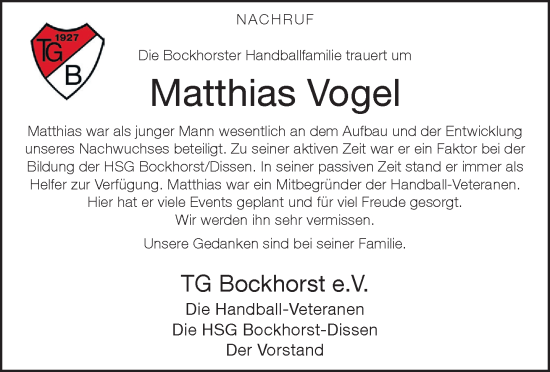 Traueranzeige von Matthias Vogel von Neue Westfälische