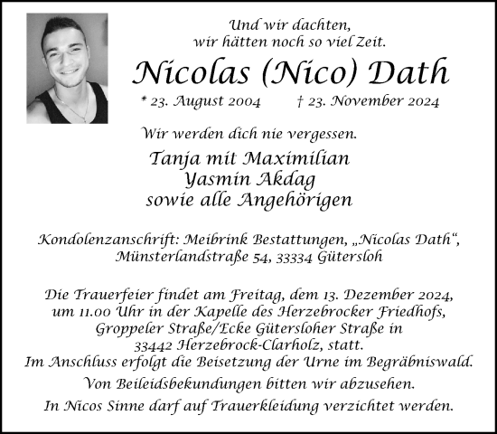 Traueranzeige von Nicolas Dath von Neue Westfälische
