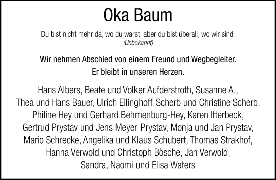 Traueranzeige von Oka Baum von Neue Westfälische