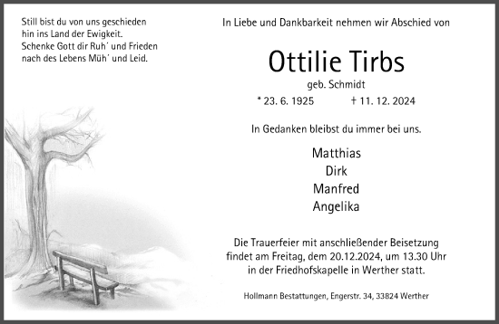 Traueranzeige von Ottilie Tirbs von Neue Westfälische