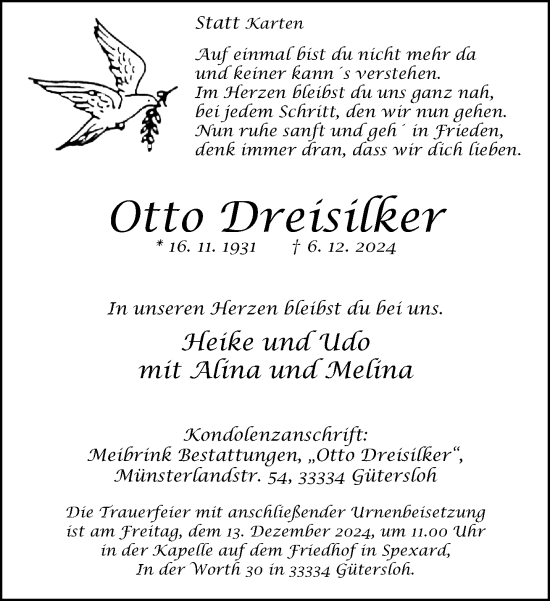 Traueranzeige von Otto Dreisilker von Neue Westfälische