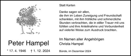 Traueranzeige von Peter Hampel von Neue Westfälische