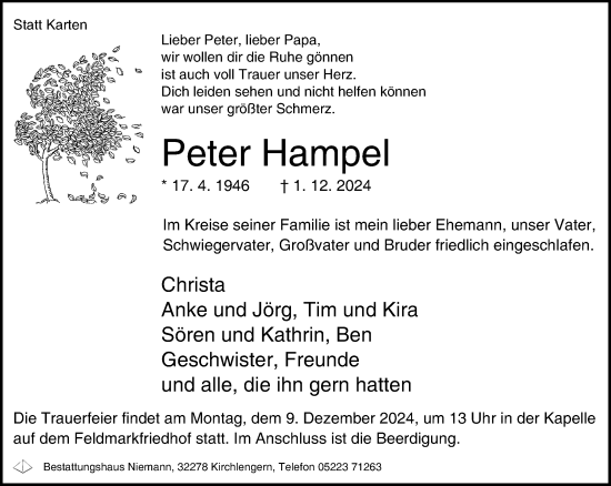 Traueranzeige von Peter Hampel von Neue Westfälische