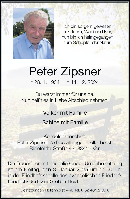 Traueranzeige von Peter Zipsner von Neue Westfälische