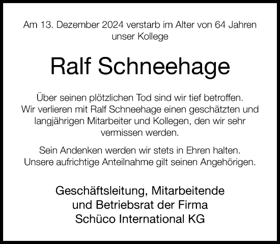 Traueranzeige von Ralf Schneehage von Neue Westfälische