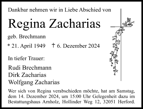 Traueranzeige von Regina Zacharias von Neue Westfälische