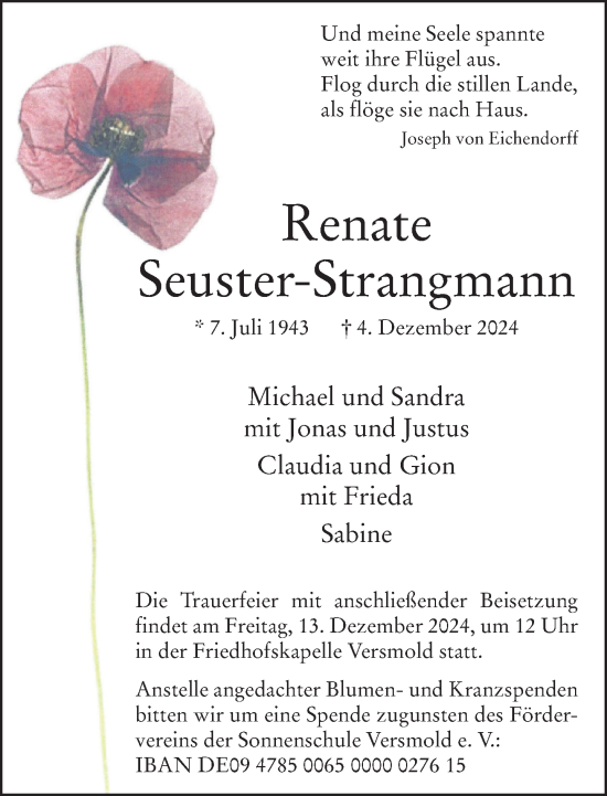 Traueranzeige von Renate Seuster-Strangmann von Neue Westfälische