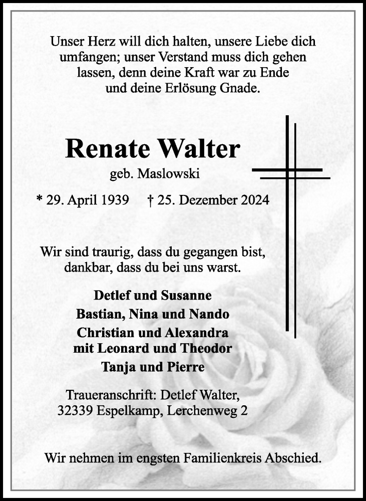  Traueranzeige für Renate Walter vom 28.12.2024 aus Neue Westfälische
