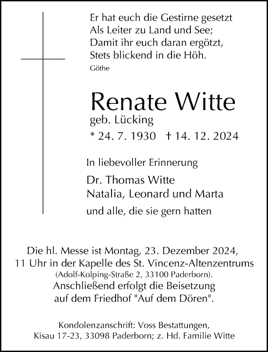 Traueranzeige von Renate Witte von Neue Westfälische