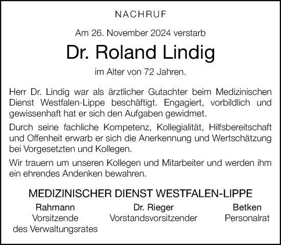 Traueranzeige von Roland Lindig von Neue Westfälische