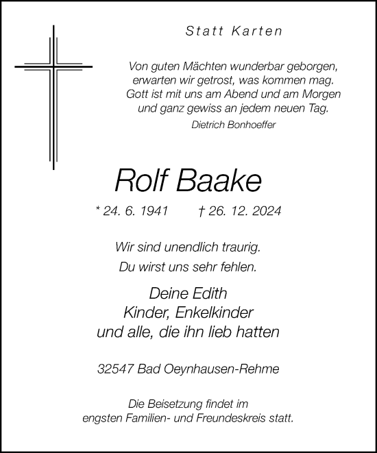 Traueranzeige von Rolf Baake von Neue Westfälische