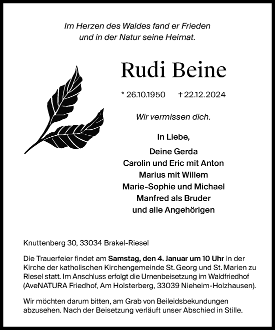 Traueranzeige von Rudi Beine von Neue Westfälische