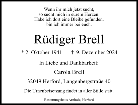 Traueranzeige von Rüdiger Brell von Neue Westfälische