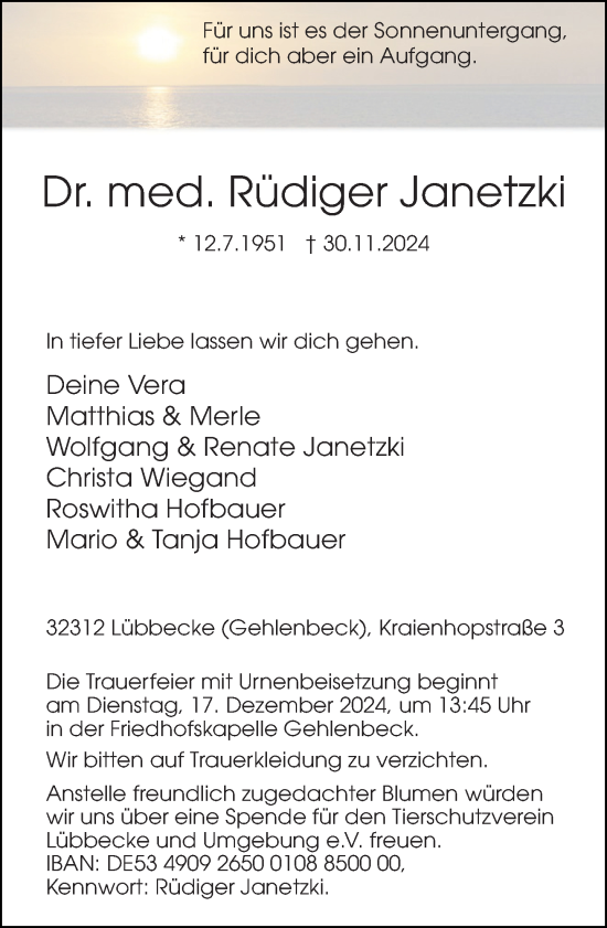 Traueranzeige von Rüdiger Janetzki von Neue Westfälische