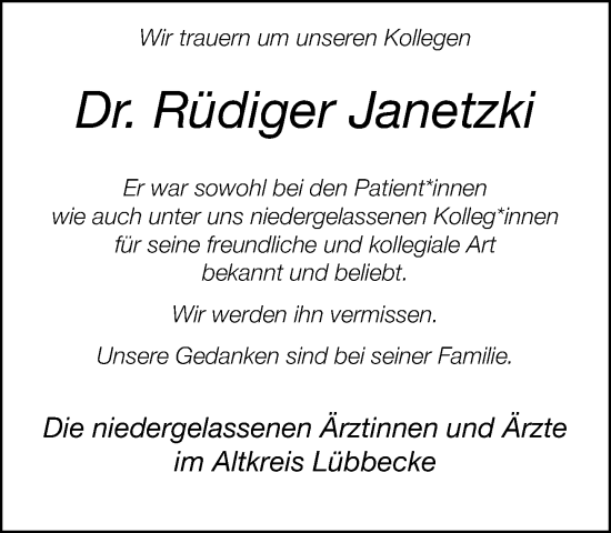 Traueranzeige von Rüdiger Janetzki von Neue Westfälische