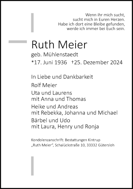 Traueranzeige von Ruth Meier von Neue Westfälische