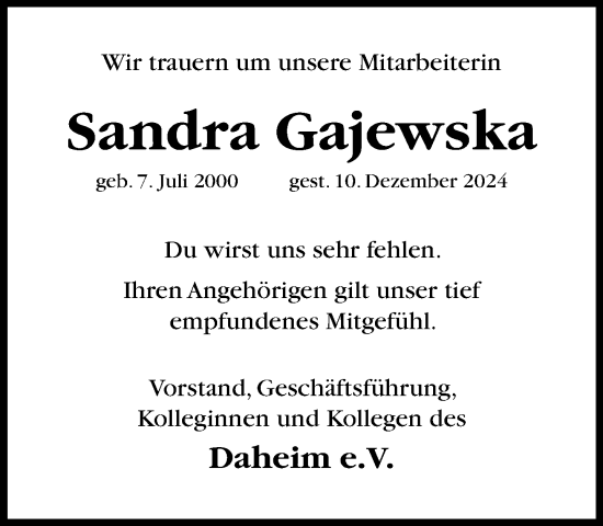 Traueranzeige von Sandra Gajewska von Neue Westfälische