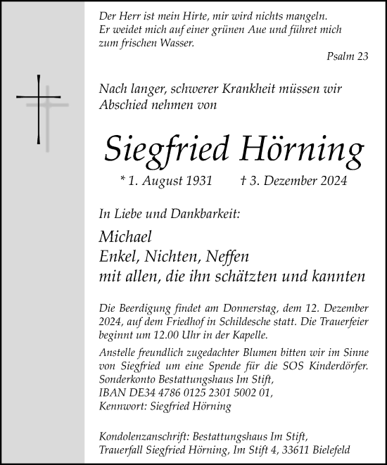 Traueranzeige von Siegfried Hörning von Neue Westfälische