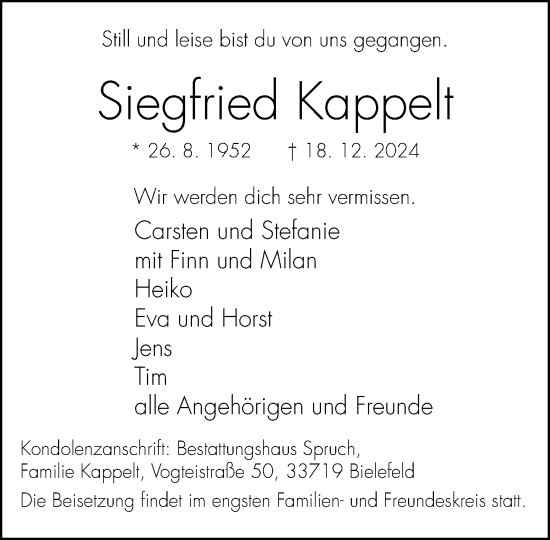 Traueranzeige von Siegfried Kappelt von Neue Westfälische