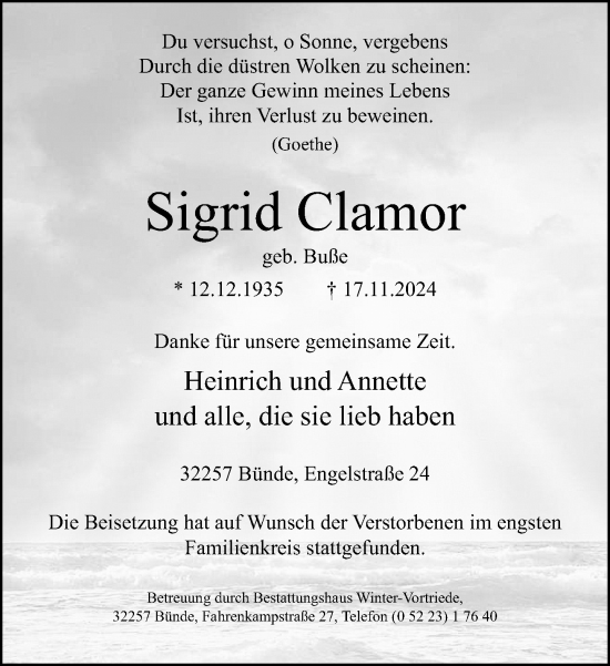 Traueranzeige von Sigrid Clamor von Neue Westfälische