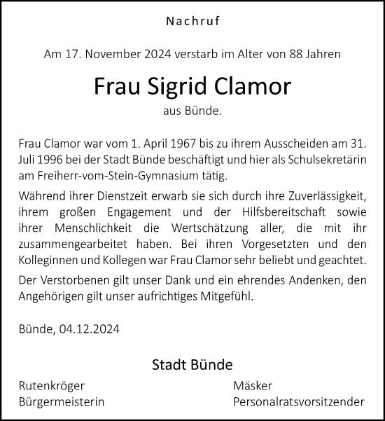 Traueranzeige von Sigrid Clamor von Neue Westfälische