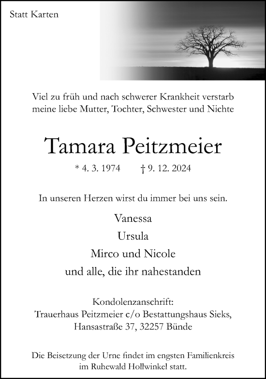 Traueranzeige von Tamara Peitzmeier von Neue Westfälische