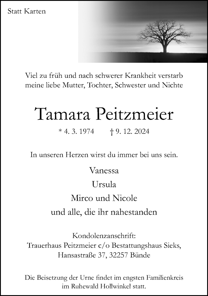  Traueranzeige für Tamara Peitzmeier vom 14.12.2024 aus Neue Westfälische