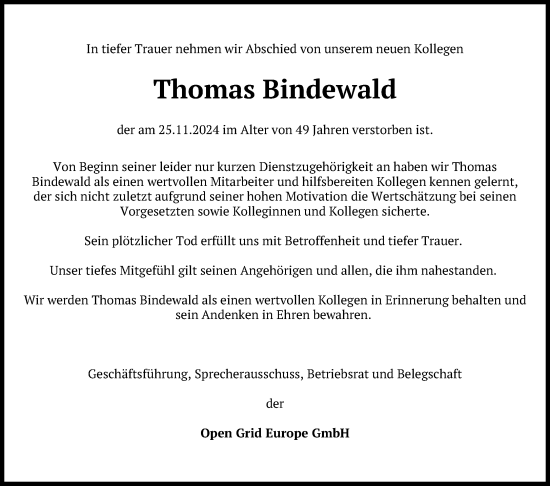 Traueranzeige von Thomas Bindewald von Neue Westfälische