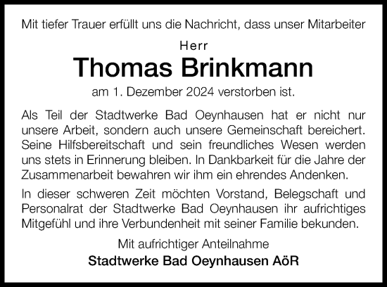 Traueranzeige von Thomas Brinkmann von Neue Westfälische