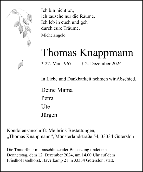 Traueranzeige von Thomas Knappmann von Neue Westfälische