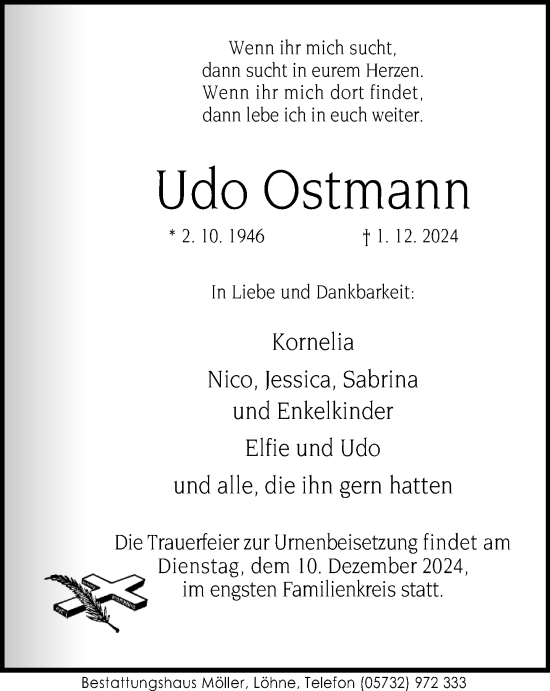 Traueranzeige von Udo Ostmann von Neue Westfälische