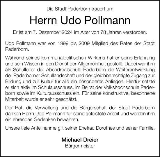 Traueranzeige von Udo Pollmann von Neue Westfälische